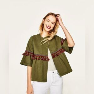 Zara Denim Jacket with Tassled Pom Pom Detailing in Army Green. Size L